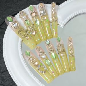 Uñas acrílicas artesanales de alta gama al por mayor, uñas postizas cuadradas de cobertura completa, pedrería verde, diseño degradado, personalizables - Product Image 2