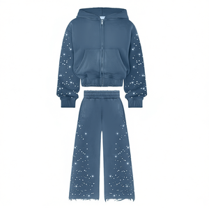 Survêtements personnalisés pour pantalons Sweat Stack Survêtement lavé à l'acide Sweat à capuche zippé en strass et pantalon de survêtement évasé Ensemble de survêtement pour hommes 2026 - Product Image 1