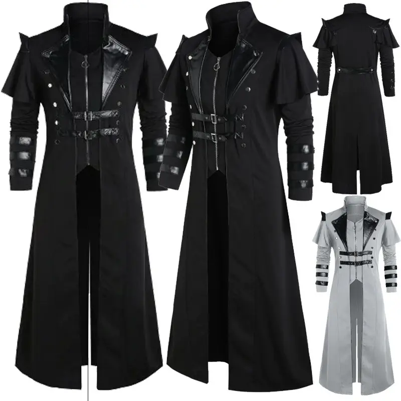 Cadılar bayramı ortaçağ Vintage uzun ceket siyah erkek giyim gotik Steampunk Punk siper erkekler boy Retro savaşçı şövalye ceket