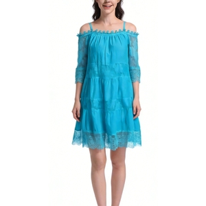 Robe courte à épaules dénudées pour femmes avec dentelle - Robes décontractées à manches courtes et à volants, tendance - Product Image 3