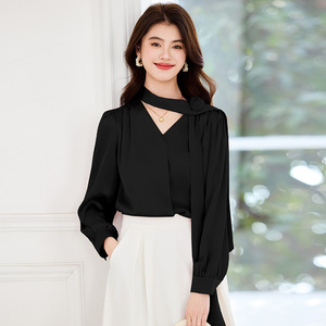 French Style V-neck Long Sleeve Shirt Women Chiffon Solid Color <b>Wrap</b> Tie Commuting Blouse Fln590 - Product Image 2
