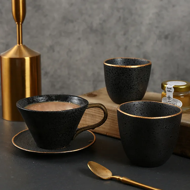 Alta calidad único árabe negro borde de oro pequeña taza de café espresso Taza de cerámica de lujo tazas de té de café para regalo