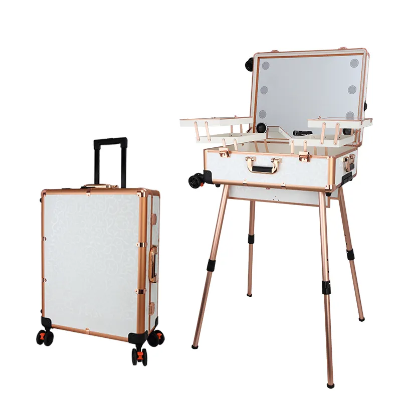 Keyson 2022 Fabriek Nieuwe Patroon Witte Bloem Professionele Draagbare Make Trolley Case Studio Met Licht Spiegel En Benen