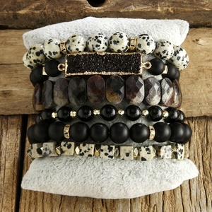 Conjunto de Pulseras de Piedras Preciosas Negras de Estilo Bohemio, Unisex, con Cuentas de Jaspe Dalmático, 6 Piezas - Product Image 4