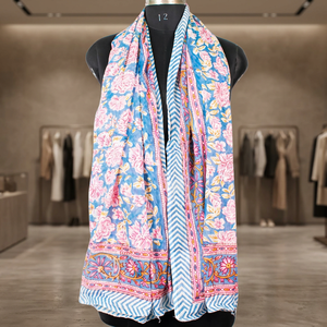 Block Printed Sarong Floral <b>Chiffon</b> <b>Scarf</b> Long Lightweight Women's Spring Fashion Accessory Blue Pink Patterned Daily Wear - Product Image 1