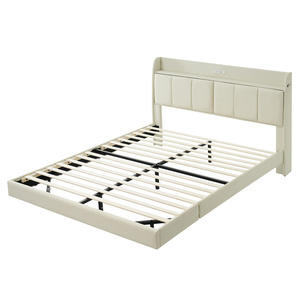 Lit plateforme moderne personnalisé en PU, taille Queen, avec cadre flottant, tête de lit avec rangement et veilleuse à capteur tactile - Product Image 4