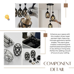 Suspension moderne à 3 lumières en forme de treillis géométrique noir, idéale pour salle à manger et cuisine, directement de l'usine - Product Image 5