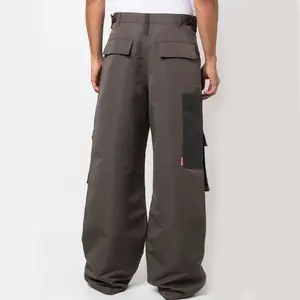Wholesale Custom High Waist Contrast Paneled Multi Cargo Pockets Wide Leg Pants Men's Casual Loose Trousers