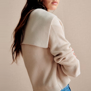Fabricant de tricots sur mesure – <span class=keywords><strong>Pull</strong></span> en maille côtelée décontracté et élégant pour <span class=keywords><strong>femme</strong></span>, à manches longues, coupe ample, épaules tombantes, col marin en V, style minimaliste - Product Image 2