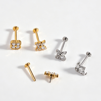 YW 18G Stainless Steel Heart Crown Butterfly CZ Top Internally Threaded Labret Piercing Flat Back Studs