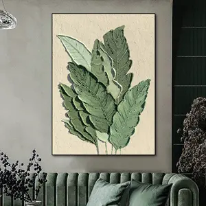100% 거실 장식을위한 캔버스에 수제 녹색 질경이 잎 유화 현대 추상 잎 벽 그림