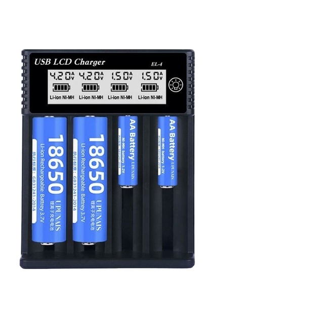 Multi-Functional USB LCD Battery Charger Type-C Port 4-Slot Fast Charger for Li-ion and Ni-MH Batteries 18650 AAA AA Charger
