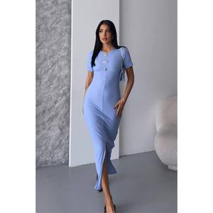Robe moulante bleue à col rond en tricot, taille cintrée, pour occasions formelles, simple, élégante, décontractée - Product Image 3