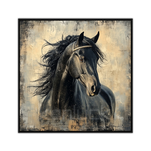 ציור ממוסגר של סוס שחור חינני עם רעמה זורמת, הדפס אומנותי בצבעי מים של כוח ואלגנטיות, 50x50 ס\\\"מ - Product Image 1