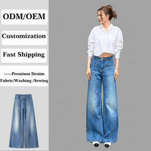 Jeans in denim vintage a vita alta con perline, a gamba larga, traspiranti ed ecologici, vestibilità comoda, produzione diretta in fabbrica, MOQ basso, ODM, collezione primavera - Product Image 1