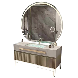 Rock Plate Integrated Basin Light Coiffeuse <span class=keywords><strong>de</strong></span> <span class=keywords><strong>salle</strong></span> <span class=keywords><strong>de</strong></span> <span class=keywords><strong>bain</strong></span> murale <span class=keywords><strong>de</strong></span> luxe en bois massif avec miroir et lavabo pour appartements d'hôtel - Product Image 1