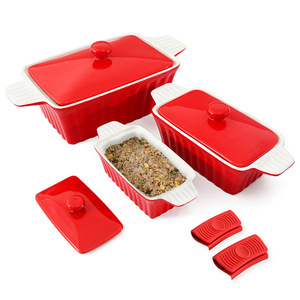 Juego de bandejas para hornear de cerámica Chaozhou, rojo, 3 piezas con tapa, apto para horno, para hotel, café, té - Product Image 2