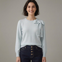 Pull en maille à nœud sur l'épaule pour femme, manches longues, col rond, couleur unie, épaules bouffantes, style bureau, preppy, coquette, vente en gros