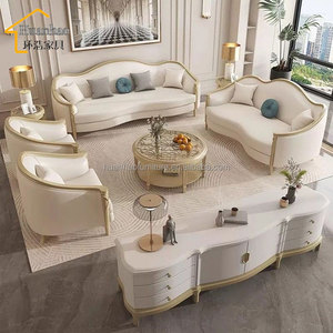 Set di Divani in Pelle di Lusso Moderno per Villa, Divano con Struttura in Legno Curvo e Imbottitura in Spugna per Arredamento Soggiorno - Product Image 1