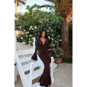 เดรสสีน้ำตาลแขนพอง คอแบบผูก สายคล้องคอ แขนยาว ออกแบบเองได้ สไตล์เรียบง่าย สำหรับใส่ในวันสบายๆ หรืองานเล็กๆ ตกแต่งด้วยระบาย  ไซส์พลัส XS - Product Image 4