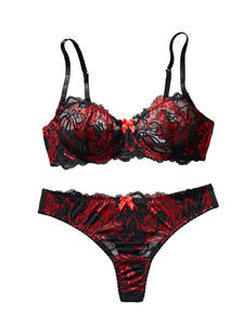 Bra Push Up Wanita Seksi Model Low Rise 2 Potong Warna Merah Motif Bunga Renda 3/4 Cup Tali Dapat Disesuaikan Kawat Penyangga Celana Dalam G-String Bordir Pita - Product Image 6