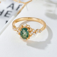 Bague en argent sterling 925 plaqué or 14 carats avec pierre précieuse ovale en agate mousse et accent CZ, motif floral en filigrane et spirale, par Emotional Factory