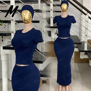 ชุดเดรสยาวสีเขียวอมฟ้า 2 ชิ้น เสื้อยืดแขนสั้นและกระโปรง ผ้าฝ้ายยืด กระชับรูปร่าง ไซส์พลัส ระบายอากาศได้ดี สำหรับผู้หญิง ปี 2025 รับสกรีนโลโก้ตามสั่ง - Product Image 3