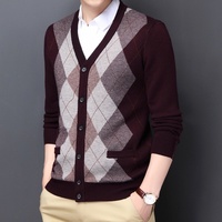 Cardigan en tricot jacquard à col en V pour homme, à boutons, manches longues, deux poches latérales, coupe classique, pour le travail, automne-hiver, pull chaud