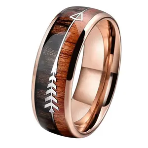 8mm Dome Koa Wood inlay Rose Gold Plated Tungsten Carbide Wedding Bands Ring For Women Men Comfort Fit