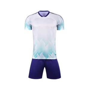 เสื้อกีฬาฟุตบอลสีฟ้าสีแดงปรับแต่งได้สำหรับผู้ใหญ่ระบายอากาศได้พิมพ์โลโก้โพลีเอสเตอร์ถ่ายเทความร้อนแบบว่างเปล่า - Product Image 3