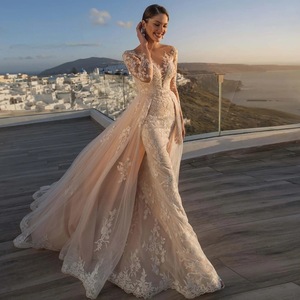 Ethereal Mermaid Wedding Dress Champagne Color Floral Print Sweetheart Neckline Long Train Bridal Gown - Product Image 2
