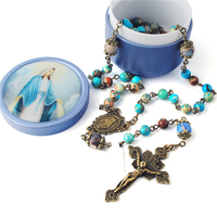 Chapelet catholique de perles en pierre précieuse, 6mm, rose, vierge marie, jaspe bleu, chapelet avec Crucifix plaqué Anti-Bronze