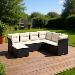 Ensemble de canapés de jardin modulaires en rotin PE noir et acier, mobilier d'extérieur avec coussins, design contemporain pour terrasse - Product Image 2