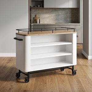 White Storage Cart <b>with</b> Natural Wood Top <b>Metal</b> Rail Shelves & Casters | Mobile Retail Display & Serving Cart - Product Image 3