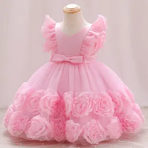 新款女婴漂亮3D花童连衣裙飞袖v领蓬松礼服儿童派对舞会礼服可爱连衣裙