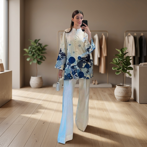Ensemble de costume pour femmes en mousseline de soie ivoire 100% coton respirant avec broderie florale - Product Image 3