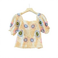 Haut court en tricot ajouré coloré en viscose-polyester, tissé à la main, couleur dopamine, pour femme, été, style doux, à simple boutonnage et manches bouffantes