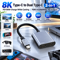 Adaptor USB C ke Dual USB C 8K 60Hz 2 in 1, Output Video Tipe C, Pengisi Daya PD 100W, Splitter untuk Kacamata AR dan Laptop