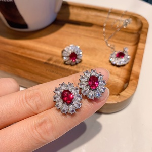 High Quality Red Eco-friendly Copper Zirconia Micro-inlay Fashion 3-Piece Earrings <b>Ring</b> Necklace Jewelry Set for Women - Product Image 1
