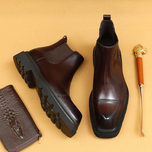Bottes Chelsea pour hommes, trois œillets, semelle épaisse, cuir véritable, hauteur mi-mollet, style rétro britannique - Product Image 5