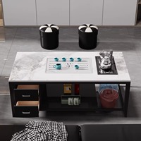 Table basse moderne minimaliste de luxe en pierre frittée écologique, aspect marbre, avec base en métal, pour salon
