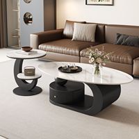 Juego de 2 Mesas de Centro Modernas Ovaladas de Piedra Sinterizada con Cajón de Almacenamiento, Base en Forma de C, Mesa de Centro para Sala de Estar con Mesa Auxiliar Lateral