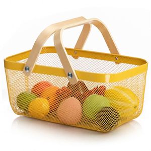 Kitchen <b>Bath</b> Toy Organizermetal Metal Wire Mesh Fruit <b>Storage</b> Basket With Wooden Handle - Product Image 6