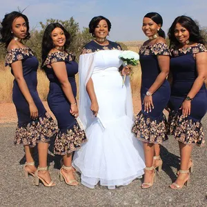 오프 어깨 레이스 아플리케 웨딩 파티 게스트 메이드 명예 가운 인어 차 길이 해군 아프리카 신부 들러리 드레스 MBLB527