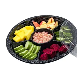 Plateau rond de 12.6 pouces avec couvercle, récipient pour aliments de fruits, en plastique, avec 6 compartiments
