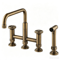 Keran Dapur Kuningan Model Bridge Brass Body Dengan Kolom Vertikal yang Dapat Disesuaikan Tingginya, Tiga Lubang, Pemasangan di Dek, Keran Wastafel Farmhouse