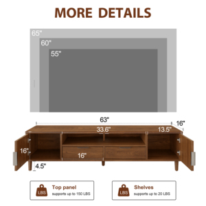 Meuble <span class=keywords><strong>TV</strong></span> autoportant de style Mid-Century Modern à profil bas cannelé avec 2 armoires, tiroirs et étagère, pour salon, référence DSG052 (Stock US) - Product Image 2