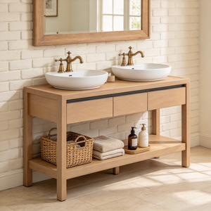Modern Minimalist <b>Light</b> Wood <b>Bathroom</b> Vanity <b>Cabinet</b> Stone Basin Drawers Mirror Included Floor Standing Rectangular Efficient - Product Image 4