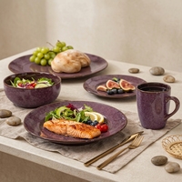 Service de table Guangda de luxe classique en céramique marron moucheté, vaisselle en grès à bordure marron, 4 pièces : assiettes, bols, tasses, compatible lave-vaisselle