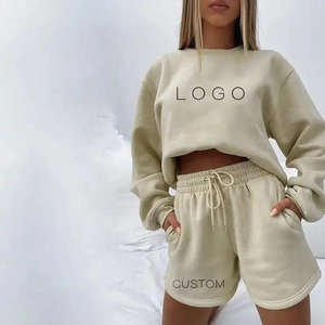 Ensemble de sport décontracté pour femmes en polyester avec logo personnalisé ODM/OEM, haut et short, ensemble de sweat-shirt uni à col rond - Product Image 1